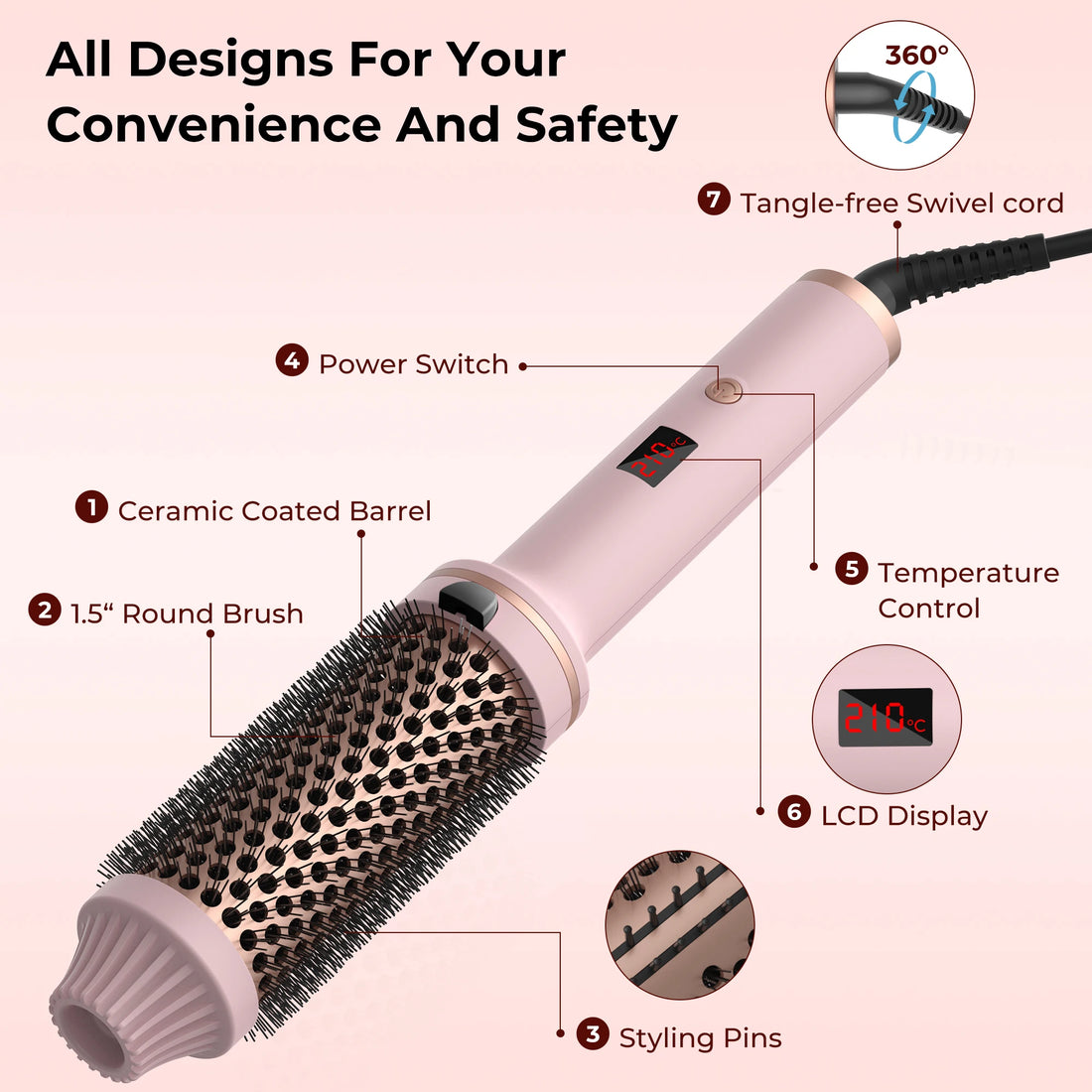 Curling Iron Brush PTC Heated Thermal Brush Ceramic Hair Curler Hot Brush Create Loose &amp; Volume Curls Heating Hair Styling Brush