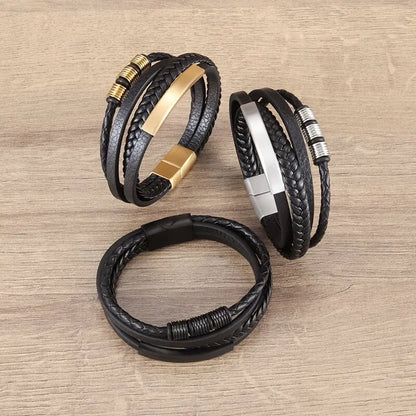 Classic Multilayer Hand Braided Leather Bracelet Men Magnetic Button Button Cuff Bracelet Charm Casual Jewelry