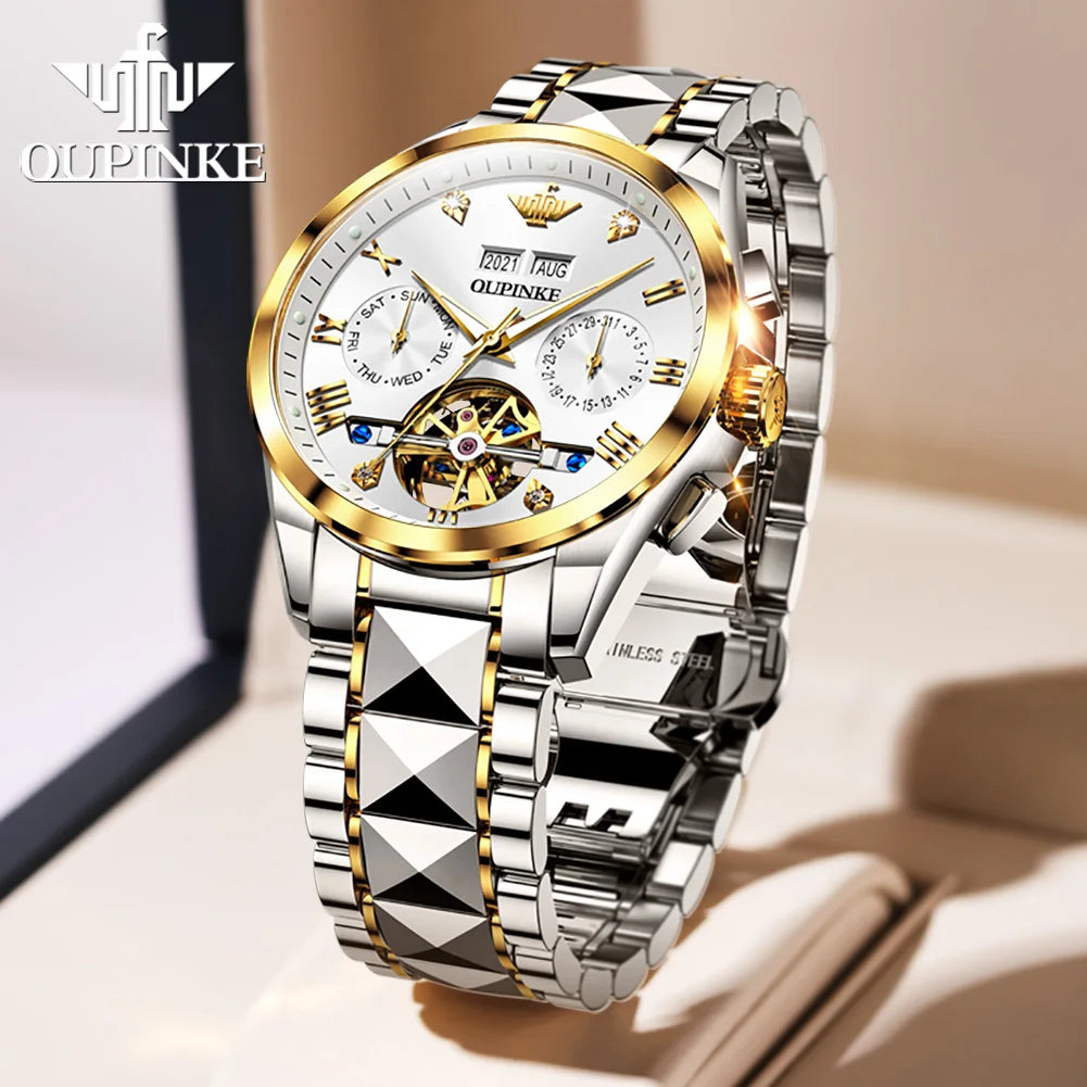 OUPINKE 3186 High Quality Luxury Skeleton Flywheel Automatic Watch for Men 5Bar Waterproof Dual Calendar Brand Men&