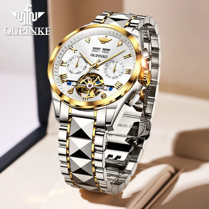 OUPINKE 3186 High Quality Luxury Skeleton Flywheel Automatic Watch for Men 5Bar Waterproof Dual Calendar Brand Men&