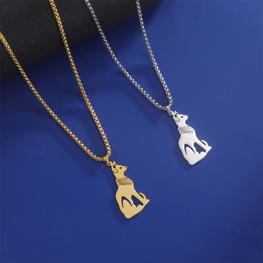 My Shape Egyptian Goddess Cat Bastet Necklaces for Men Ancient Egypt Animal Stainless Steel Necklace Choker Box Chain Jewelry