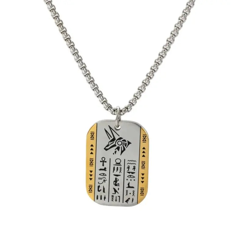 Vintage Rune Necklace Mens Stainless Steel Horus Anubis Dog Tag Pendant Necklace Ancient Egypt Jewelry