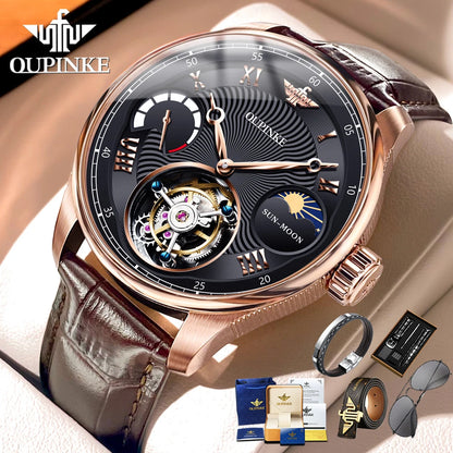 OUPINKE 8001 Tourbillon Watch for Men High-end Luxury Skeleton Flywheel 24hour Moon Phase Chrono Multifunction Mechanical Watch