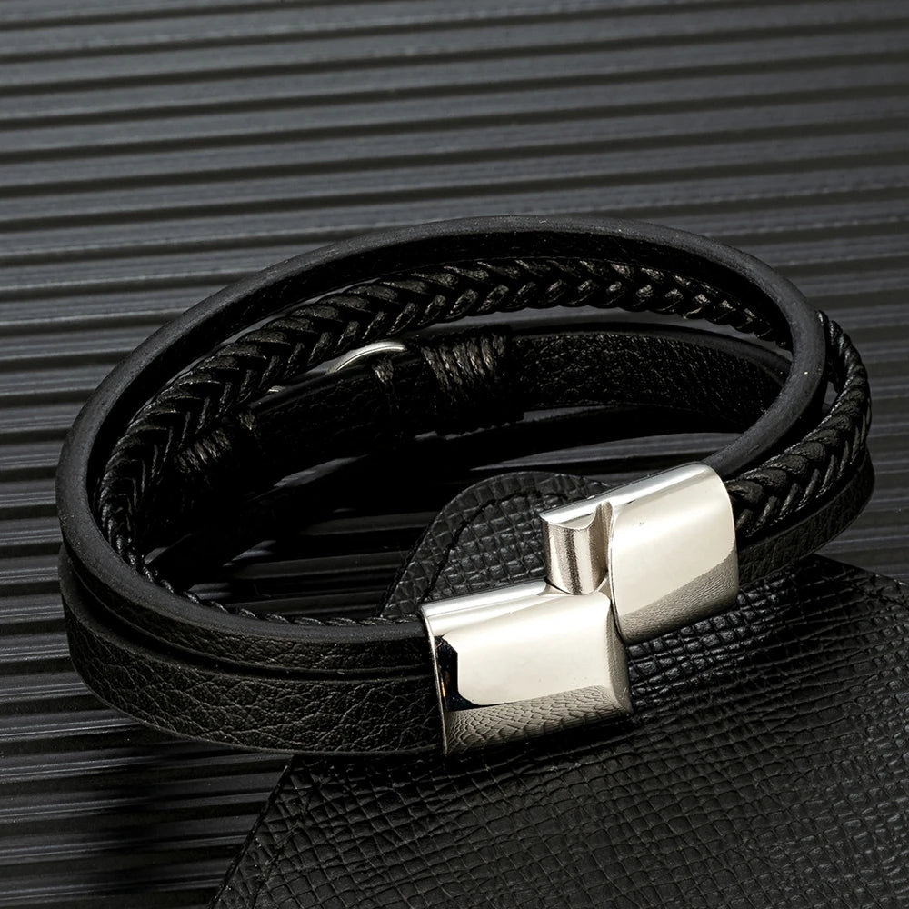 Classic Men Infinity Bracelet Woven Multilayer Braided Leather Bracelets For Women Black Stainless Steel Jewelry Gifts