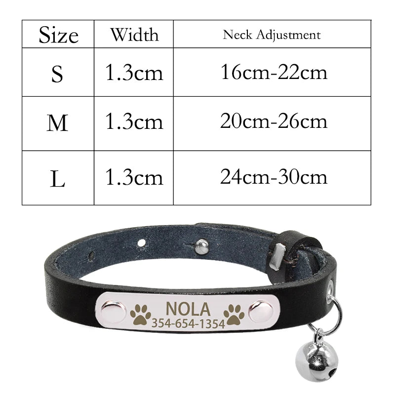 Genuine Leather Cat Collar Personalized Nameplate Soft Durable Cat Collar Bell Necklace Custom Engraved Name Tag Kitten Collar