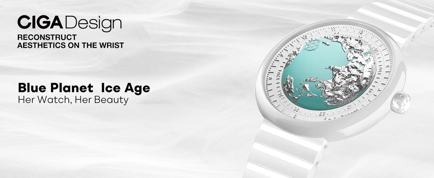 CIGA Design Women's Luxury Automatic Watch U Series Blue Planet Ice Age Ceramics Strap Mechanical Watches Exquisite Timepiece