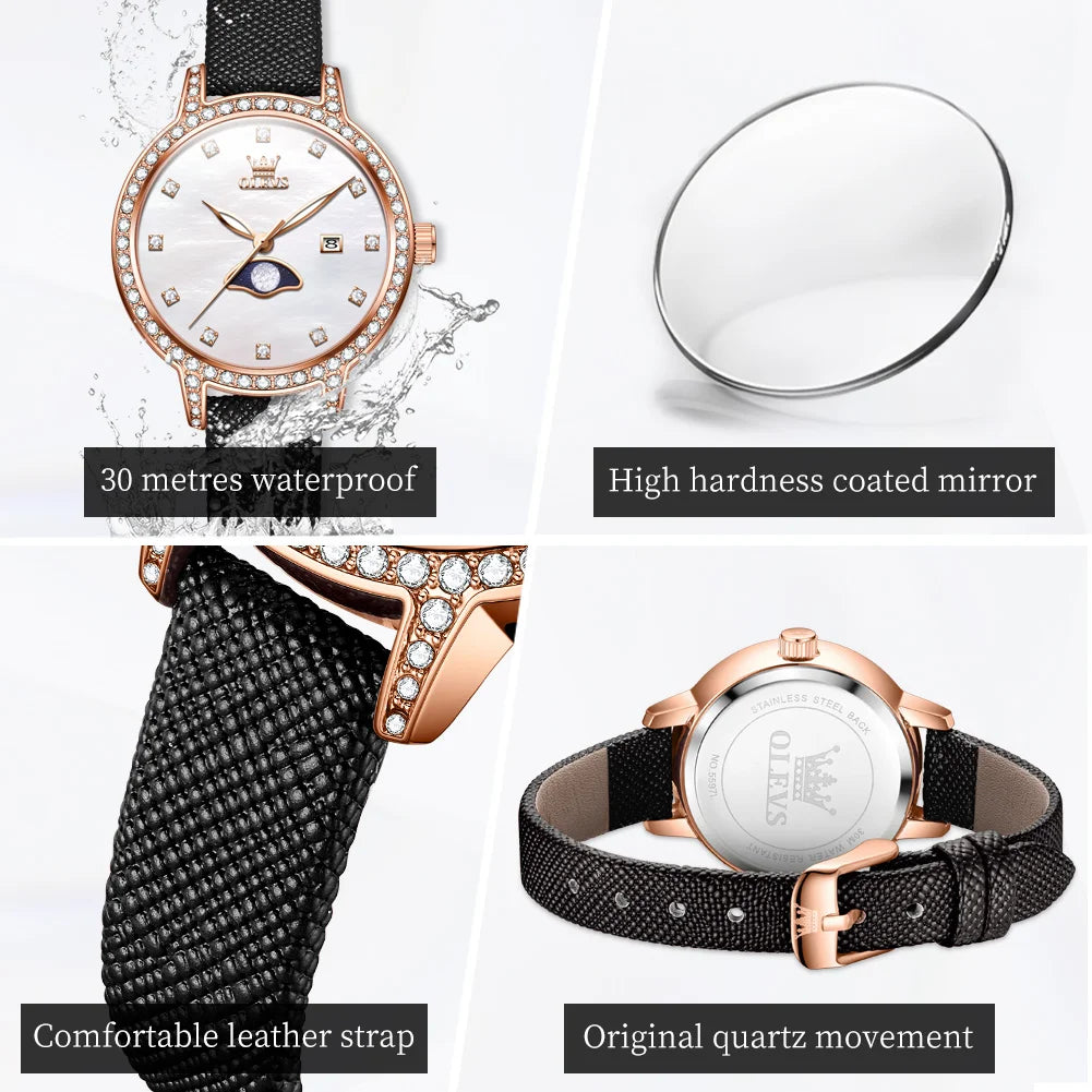 OLEVS Luxury Brand Women Watch Leather Strap Moon Phase Quartz Watch Fritillaria Dial Diamond Exquisite Gift Box Set Wristwatch