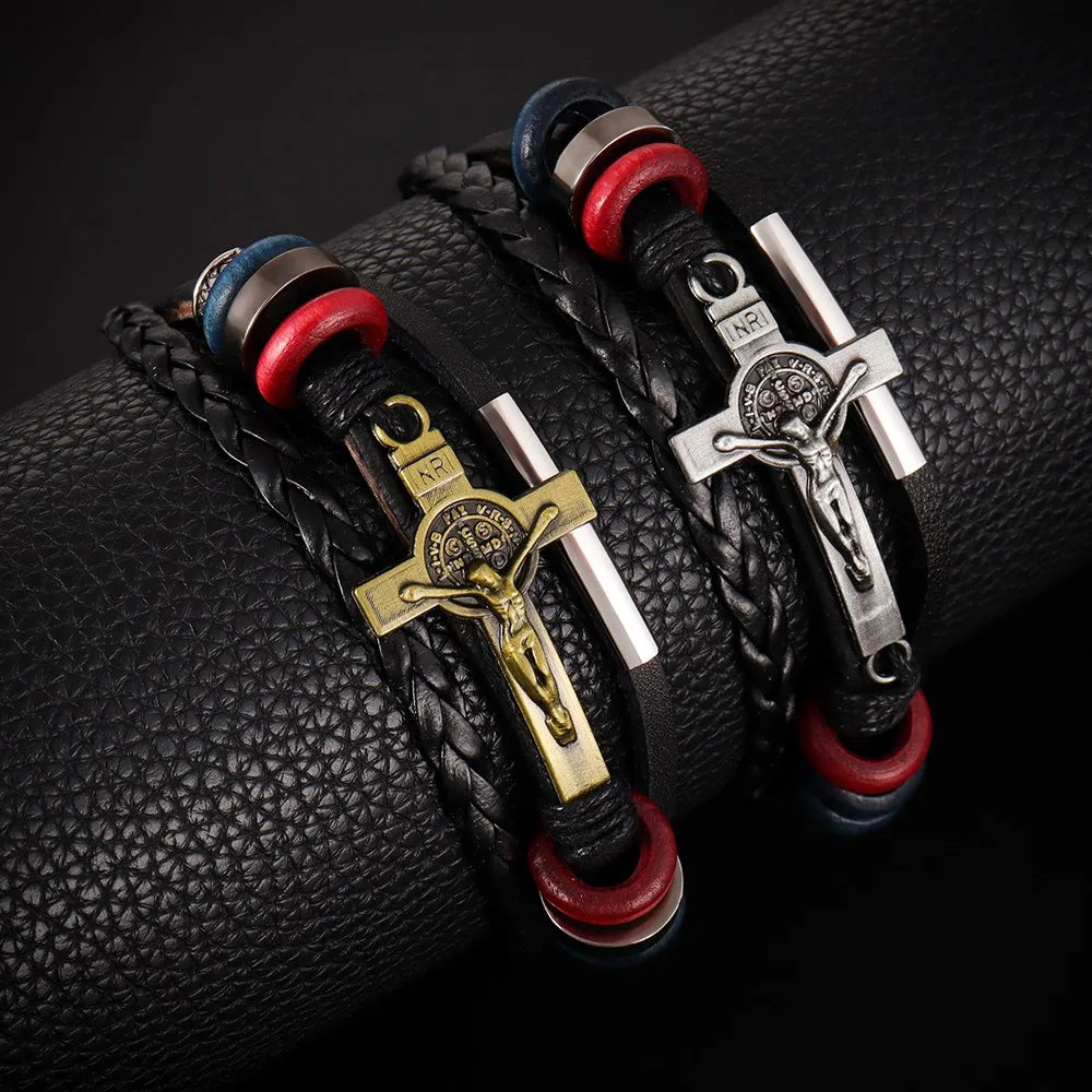 Trendy Retro Multi-layer Leather Woven Cross Jesus Bracelets Fashion Charm Men Bracelets Religious Amulet Jewelry Accessories