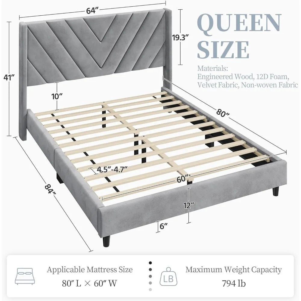 Queen Bed Frame Upholstered Platform Bed with Wing Side/Wooden Slat Support/Tufted Headboard