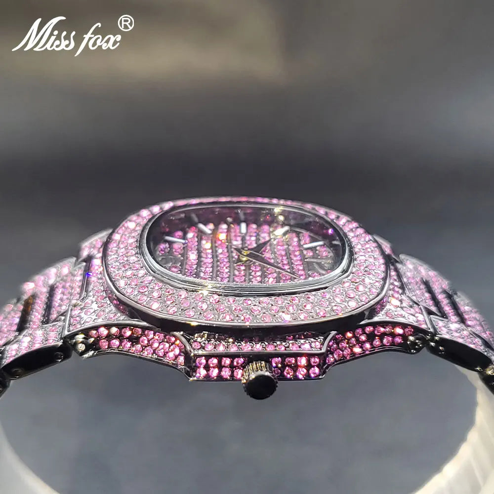 Diamond Men's Watch Black Full Pink Zircon Bling Bling Hip Hop Stylish Quartz Watch For Man Calendar Hand Clock Dropshipping