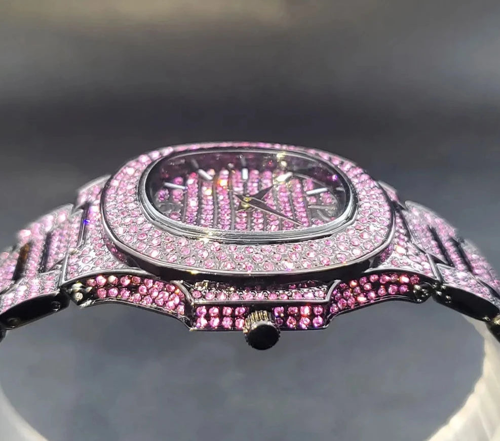 Diamond Men's Watch Black Full Pink.