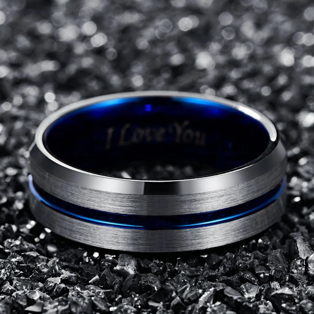 Tungsten Carbide Ring Blue & Black Matte Finish Beveled Edge Engagement Rings Size 6 to 14