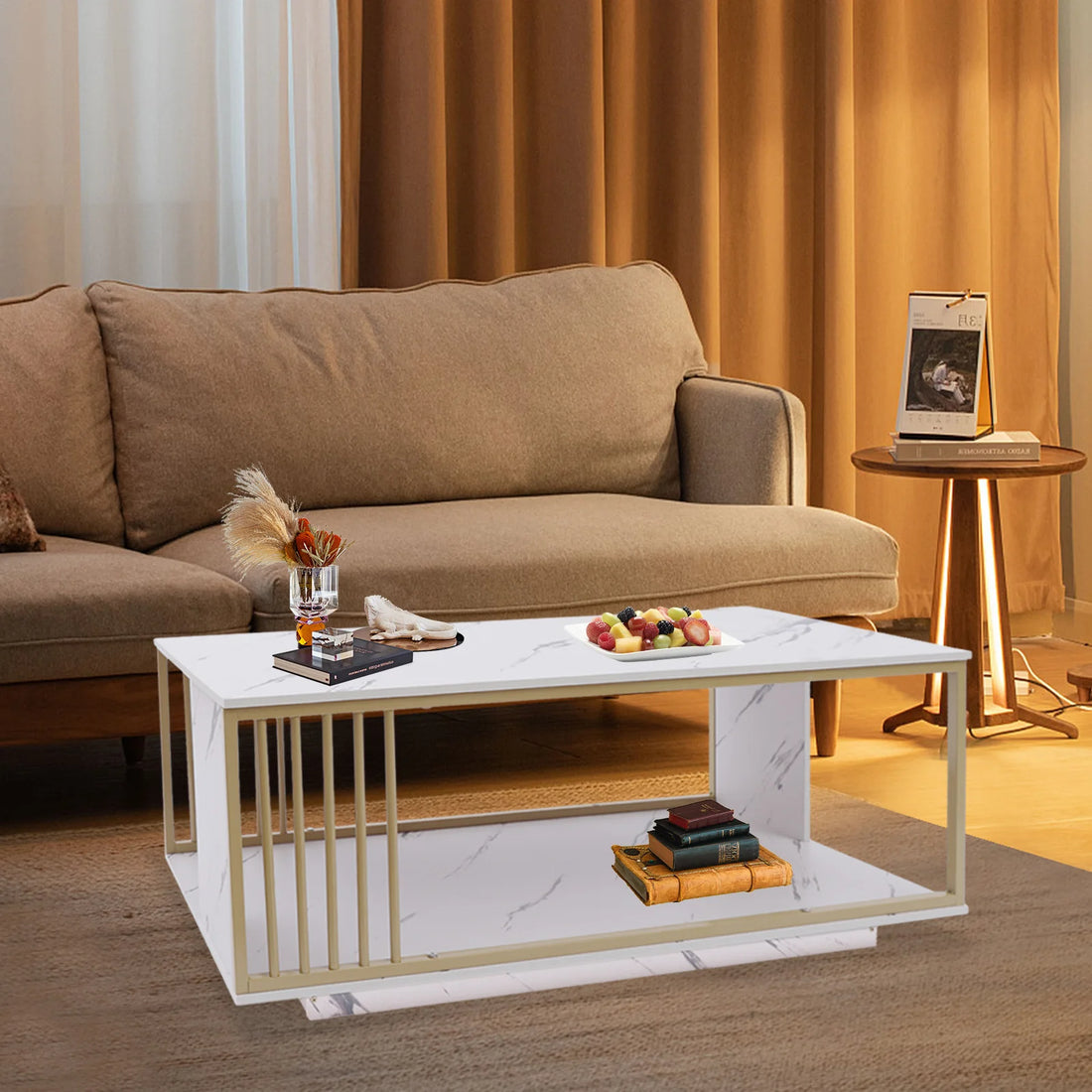 Modern 2-Tier White+Gold Coffee Table: Sleek Elegance and Functional Design.