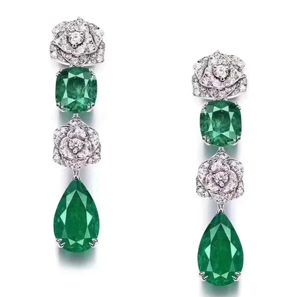 Wong Rain Vintage 925 Sterling Silver Emerald High Carbon Diamond Gemstone Flower Drop Dangle Earrings Fine Jewelry for Women