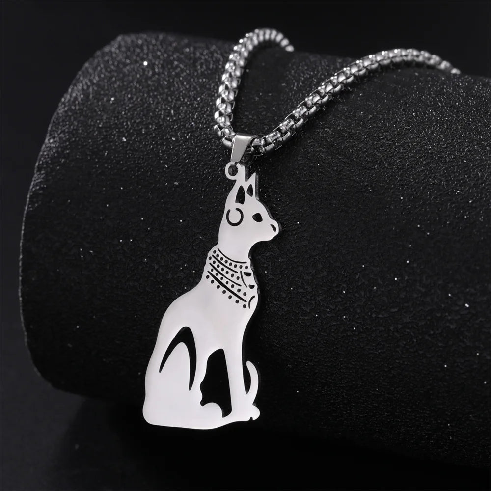 My Shape Egyptian Goddess Cat Bastet Necklaces for Men Ancient Egypt Animal Stainless Steel Necklace Choker Box Chain Jewelry