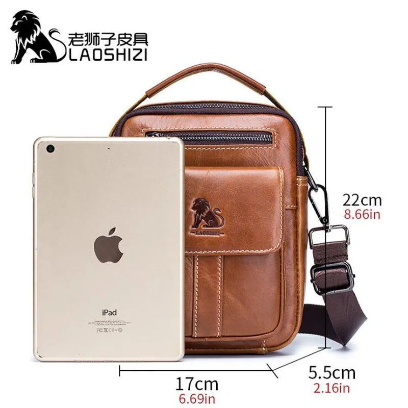 LAOSHIZI 100% leather men's shoulder bag fashion retro zipper Messenger bags business men's high quality bolsas brand fashions