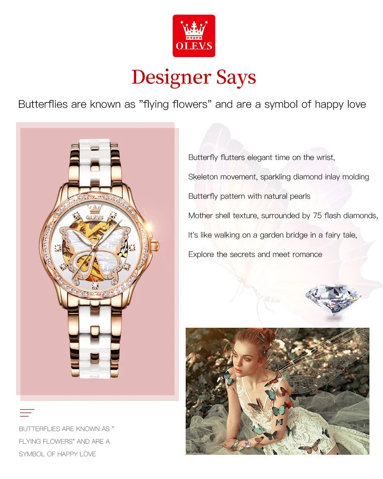 OLEVS 6622 Diamond Luxury Woman Automatic Watch Butterfly Original Mechanical Watch For Women Waterproof Luminous Hand Clock