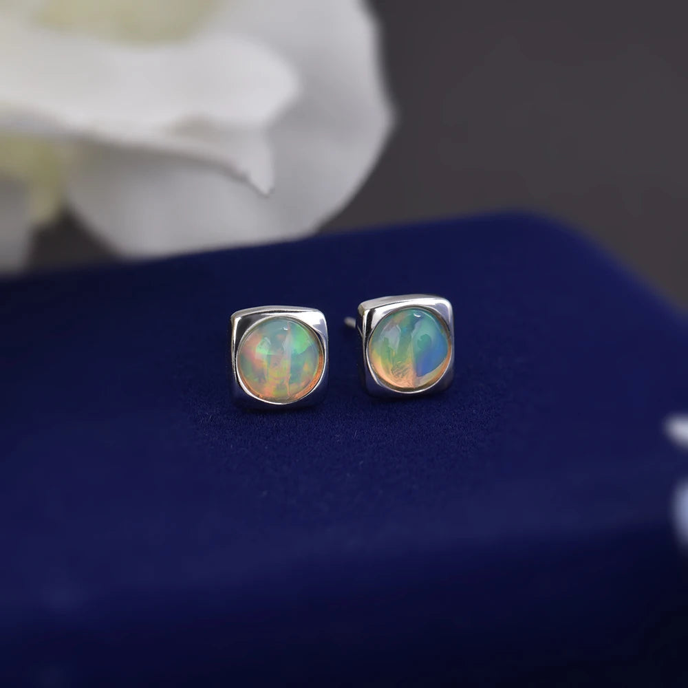 ITSMOS Precious Opal Earrings 925 sterling silver 6mm Round Opal Natural Gemstone Studs Square Piercing Earrings for Women Gift