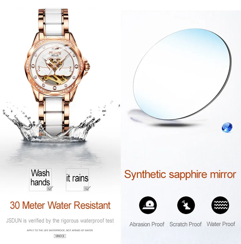 Luxury Mechanical Women Watch Love Swan Design Skeleton Elegant Ceramics Strap Waterproof  Ladies Wristwatch Girls Dress Watch