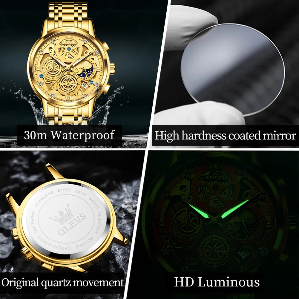 OLEVS Premium Luxury Men's Watches Atmosphere Moon Phase Calendar Quartz Wristwatch Waterproof Luminous Stainless Steel Original