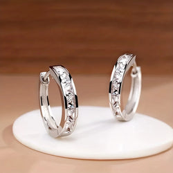 Huitan Hoop Earrings with Princess Cubic Zirconia Exquisite Ear Circle Earrings for Women Silver Color Fashion Versatile Jewelry