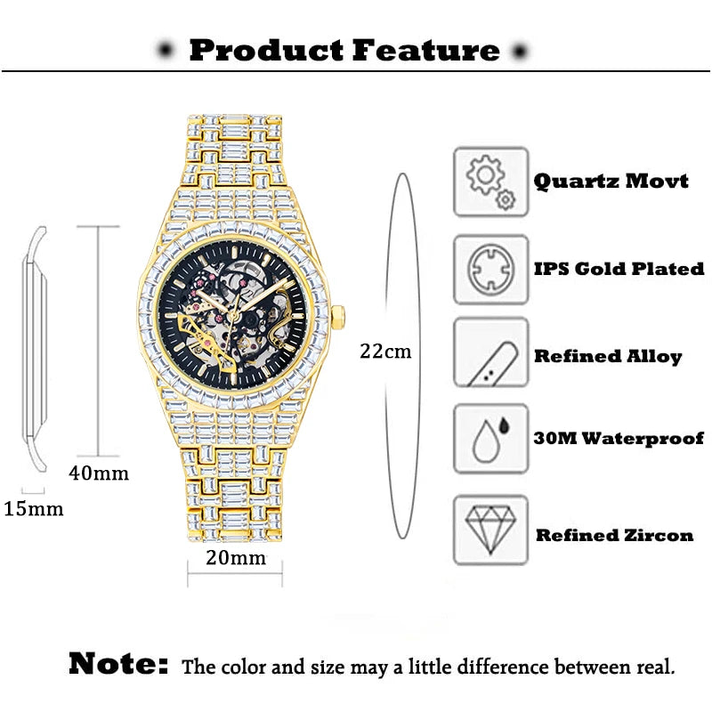 Mechanical Skeleton Watch Luxury Men Gold Diamond Fashion Hip Hop Street Trend Waterproof Automatic Watches For Man Droshipping