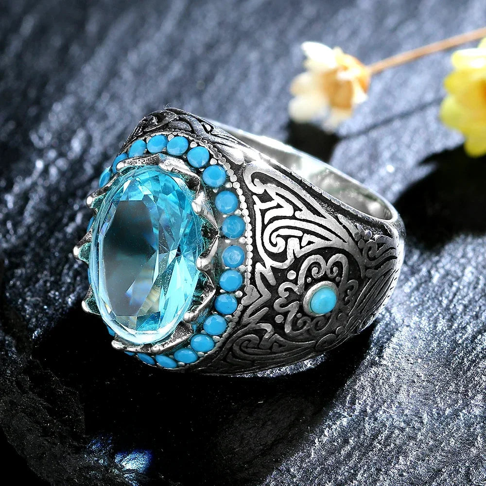 Silver Ring for unisex Blue Zircon Finger.