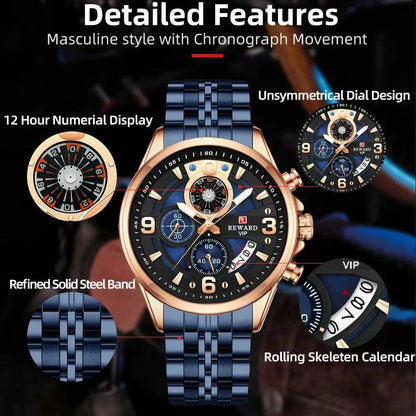 REWARD New Mens Watches Stainless Steel Luxury Waterproof Chronograph