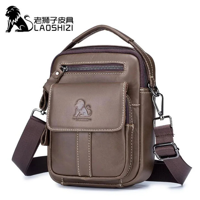 LAOSHIZI 100% leather men's shoulder bag fashion retro zipper Messenger bags business men's high quality bolsas brand fashions