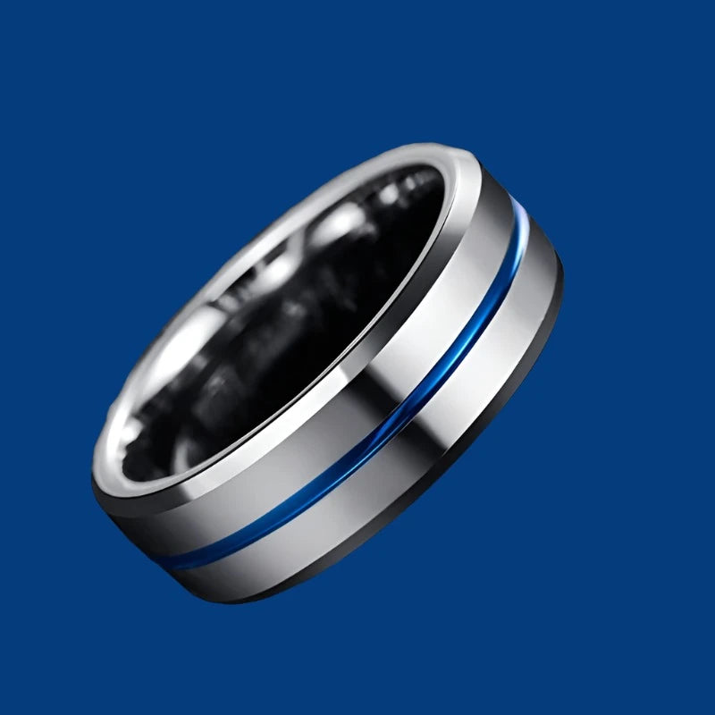 Width Tungsten Carbide Ring Thick Steel Color Full Polished Blue Groove with Angled Men's Ring T185R