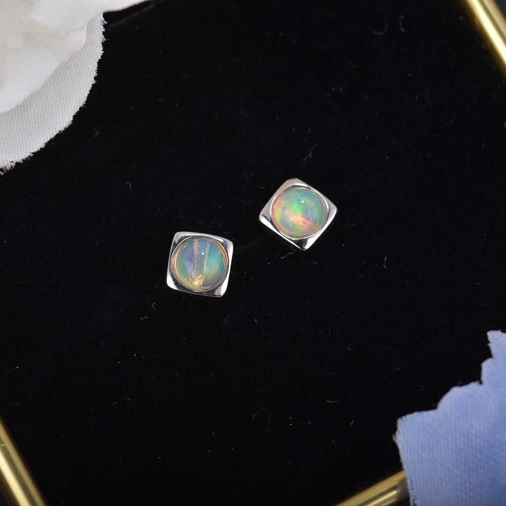 ITSMOS Precious Opal Earrings 925 sterling silver 6mm Round Opal Natural Gemstone Studs Square Piercing Earrings for Women Gift