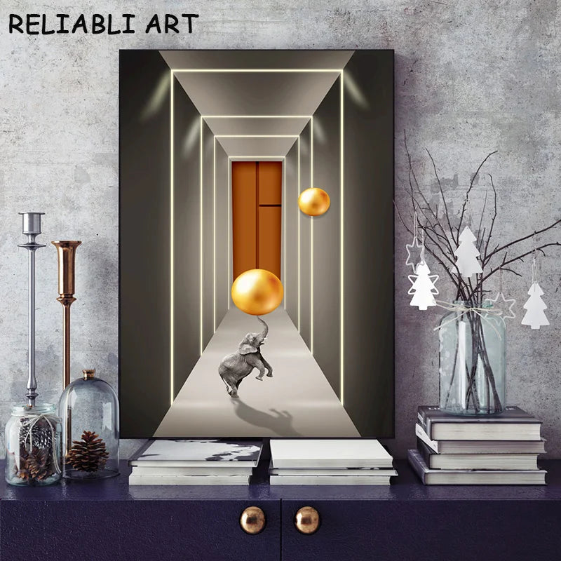 Modern Animal Elephant Giraffe Zebra Metal Ball Abstract Canvas Painting Wall Art For Living Room Home Decor No Frame