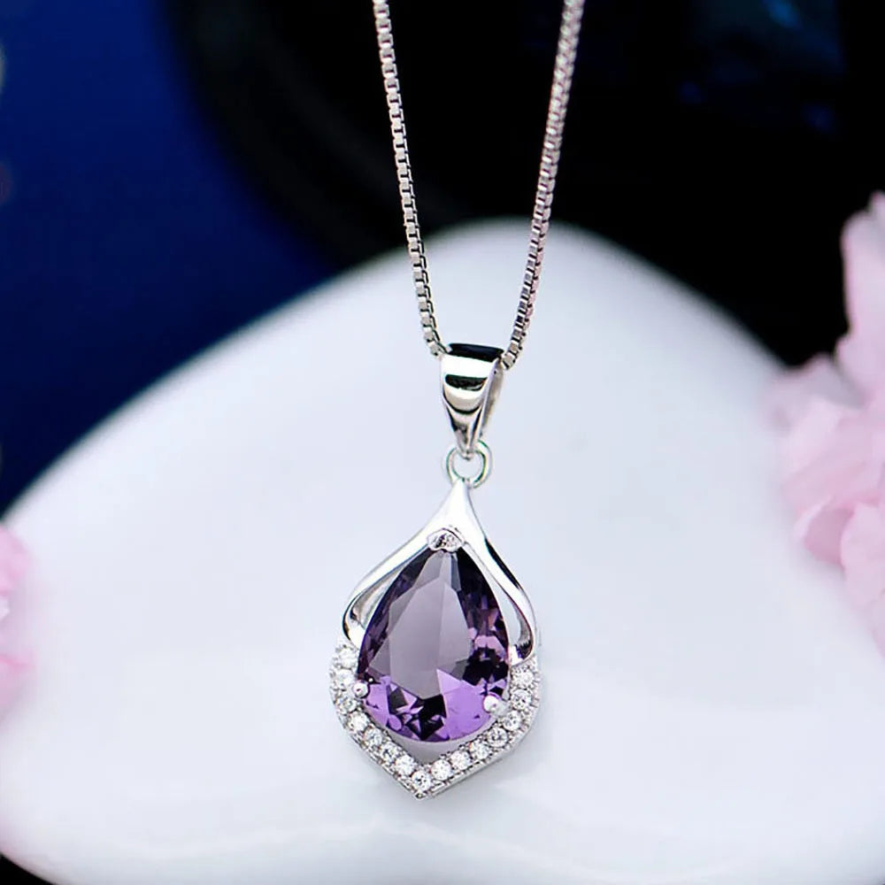 WOSIKATE Natural Amethyst 925 Sterling Silver Pendant Necklace For Women Daily Jewellery Clavicle Chain Necklace Accessories