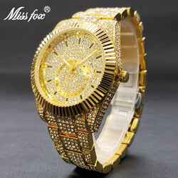 Relogios Masculino Calendar Waterproof Full Zircon Bracelet Party Jewelry Watch For Male 42mm Gold Watches Power By Battery Gift