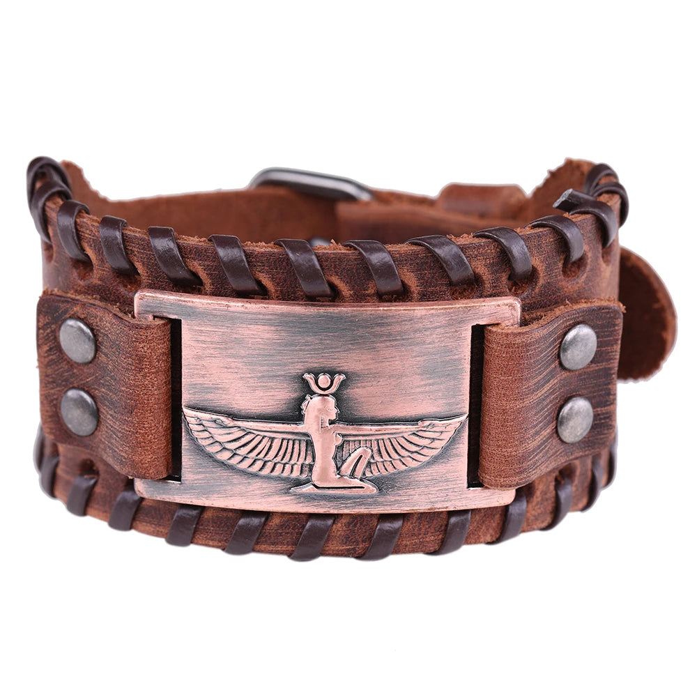 Vassago New Egyptian Queen Holy Guardian Angel and Cleopatra Antique Genuine Leather Wide Edition Men's Bracelet  Jewelry