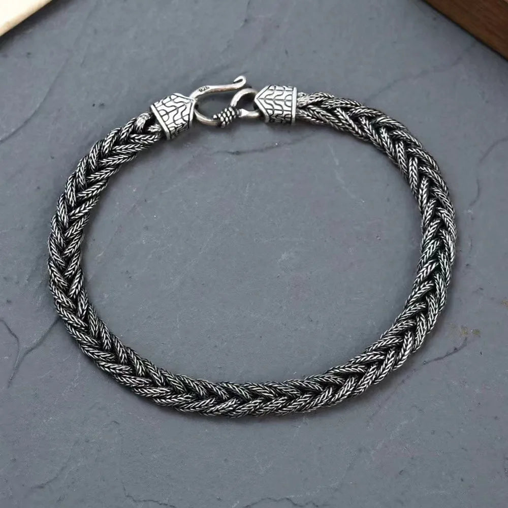 New S925 Silver Retro Fox Tail Hand Woven Fried Dough Twists Chain Men's and Women's Bracelets Fashion Lovers Jewelry