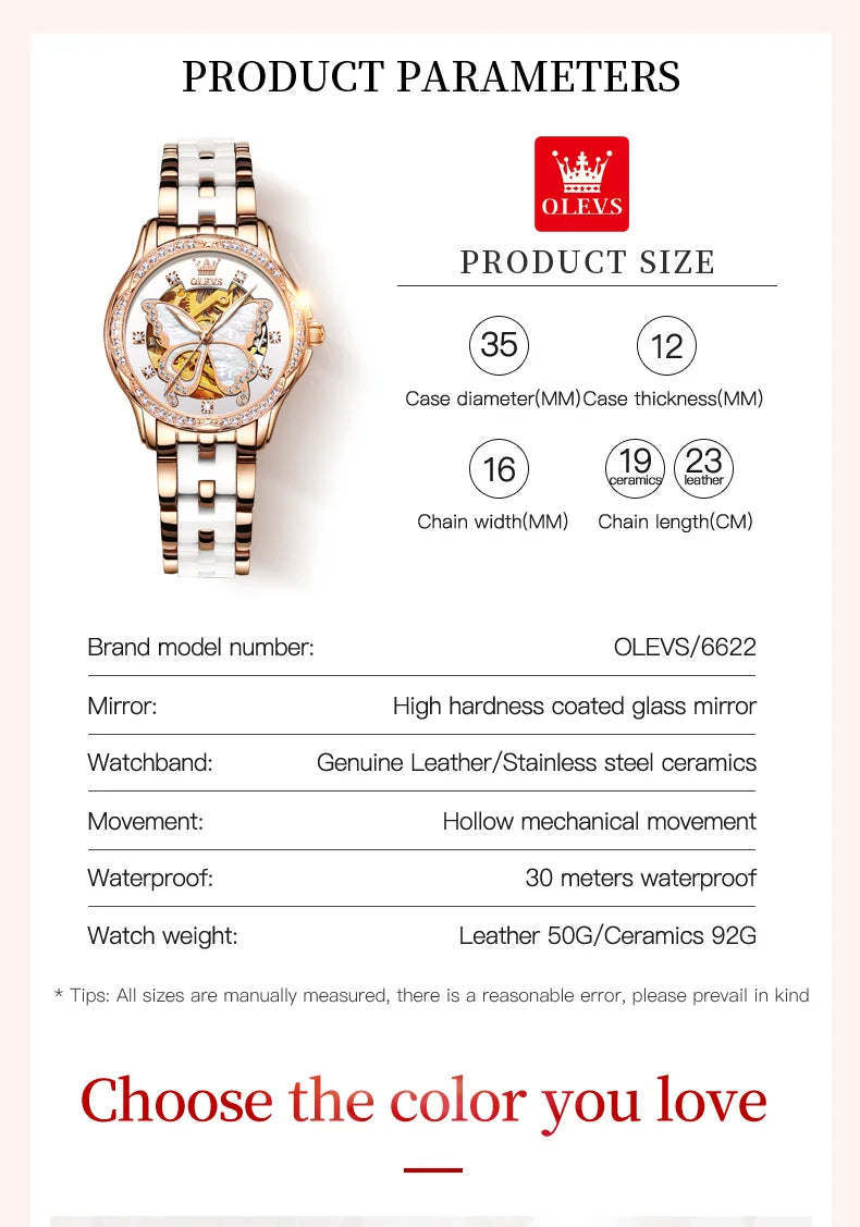 OLEVS 6622 Diamond Luxury Woman Automatic Watch Butterfly Original Mechanical Watch For Women Waterproof Luminous Hand Clock