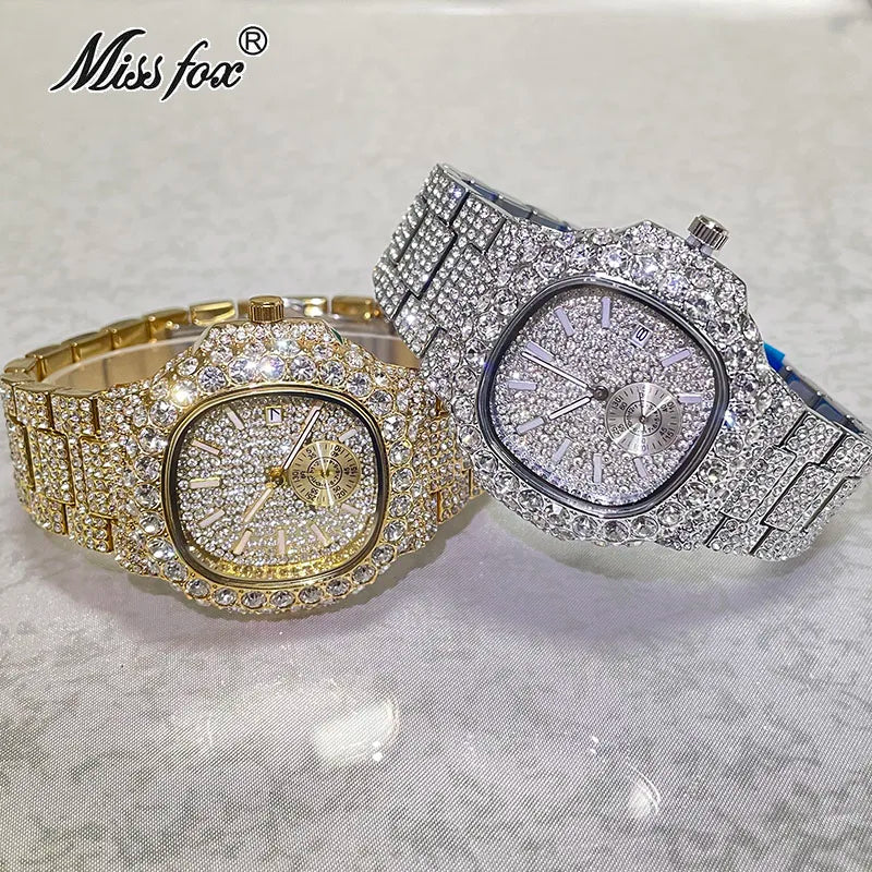 Hip Hop Brand MISSFOX Fashion Iced Out Watches Men Luxury Full Diamond 18K Gold Automatic Date Clock Steel Waterproof Watch Male