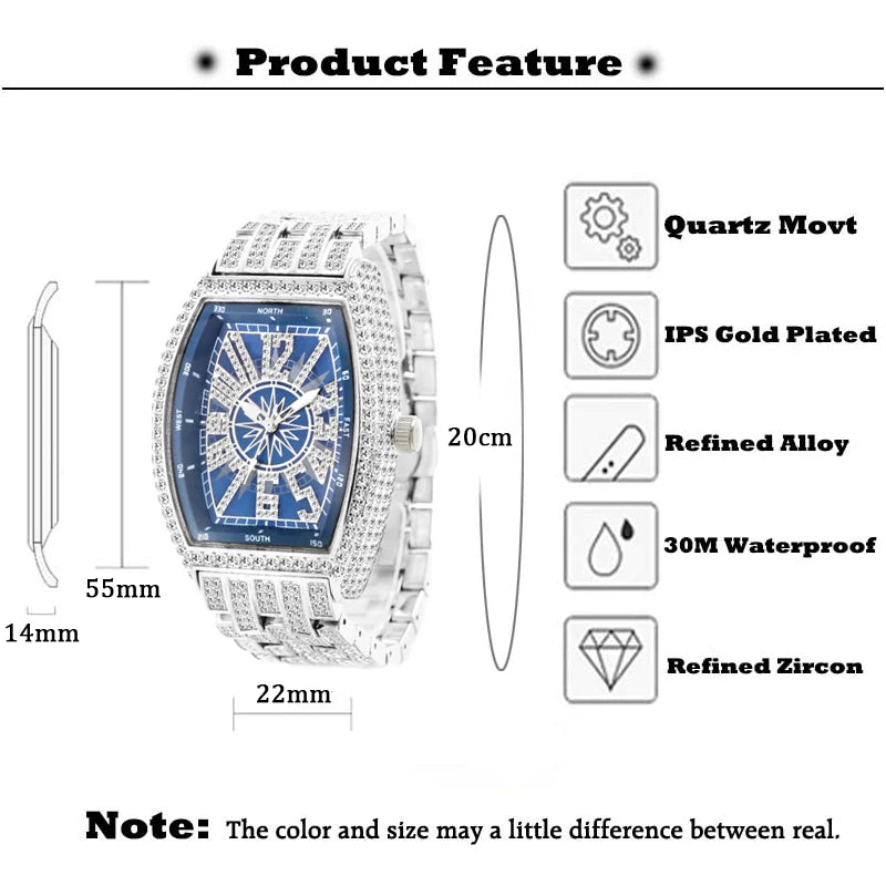 New Blue Quartz Men’s Watch Gold Full Zircon Diamond Luxury Watches For Big Wrist Male 3 Bar Waterproof Hand Clock Dropshipping