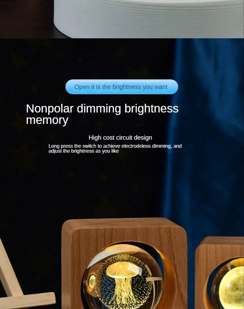 Wooden Case Luminous Crystal Ball Night Light 8cm/6cm 3D Galaxy Solar System LED Nightlights Dimmable Lamp for Decoration Gifts