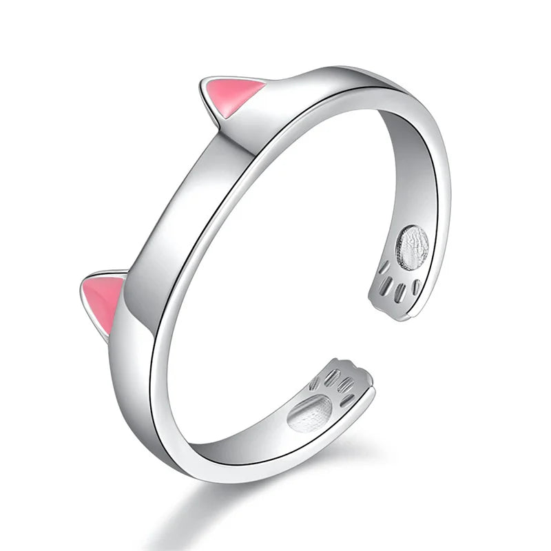 Cute Cat Ear Paw Open Adjustable Couples Rings Silver.