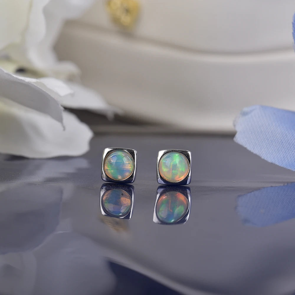 ITSMOS Precious Opal Earrings 925 sterling silver 6mm Round Opal Natural Gemstone Studs Square Piercing Earrings for Women Gift