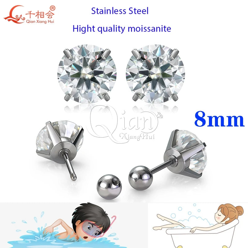 silver color 6mm and 8mm round white D vvs Moissanite Stainless steel studs earrings jewelry Bathing and swimming men women