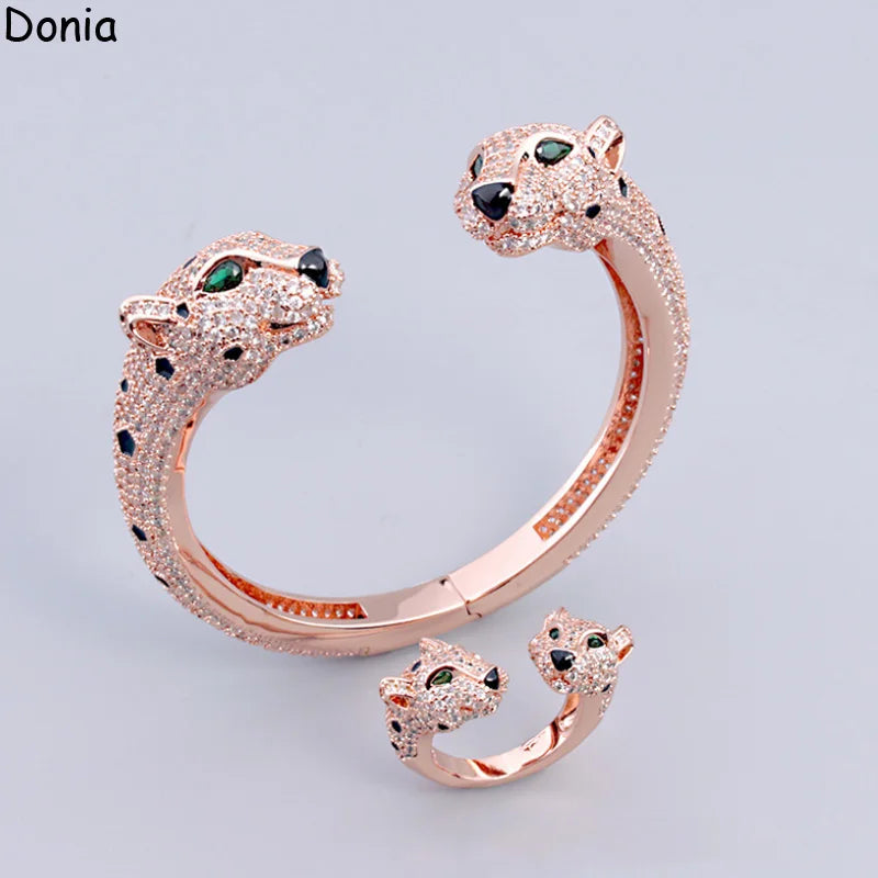 Donia jewelry Europe and America double head green eye leopard titanium steel inlaid AAA zircon bracelet ring luxury jewelry set