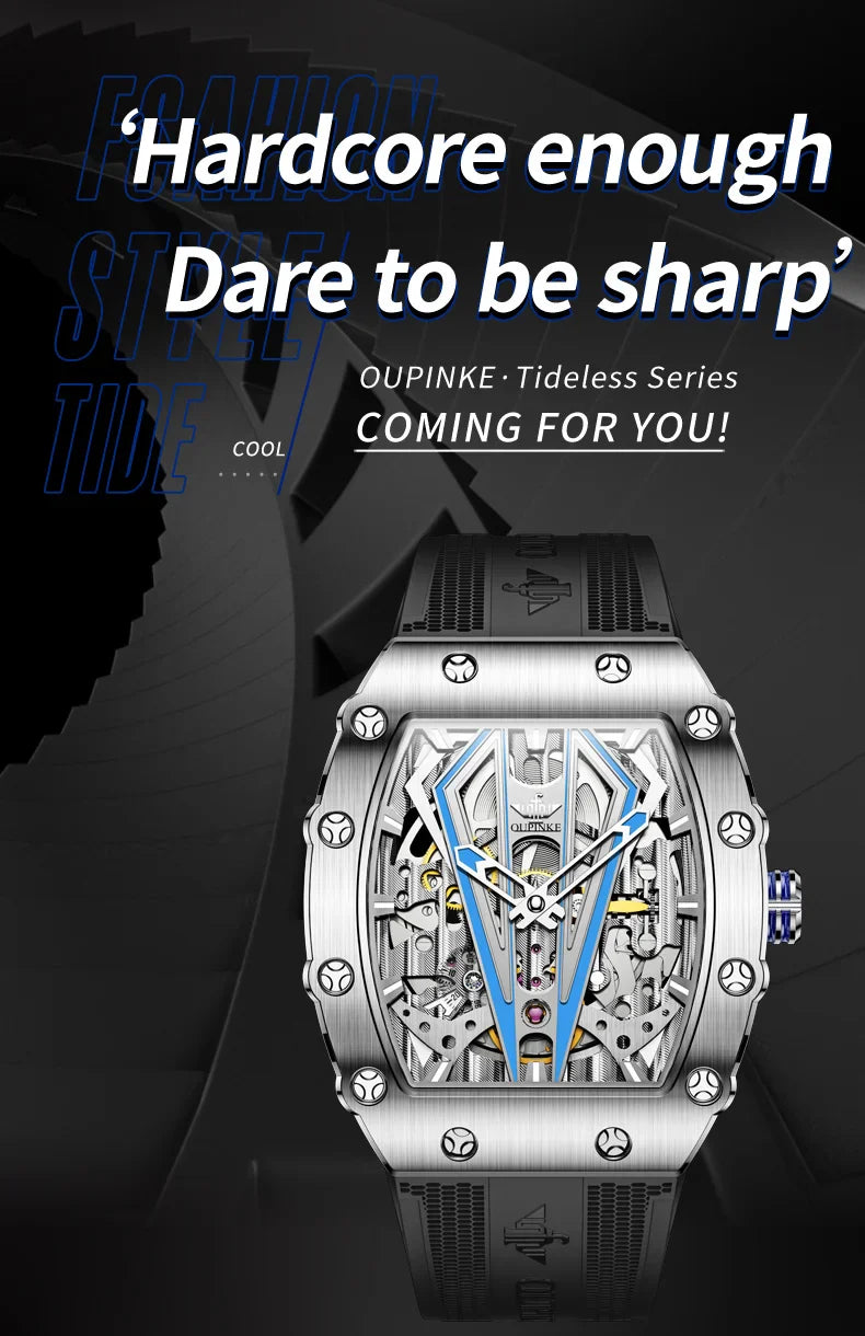 OUPINKE 3179 Automatic Watch for Men Silicone Strap Sapphire Mirror Waterproof Skeleton Mechanical Men&