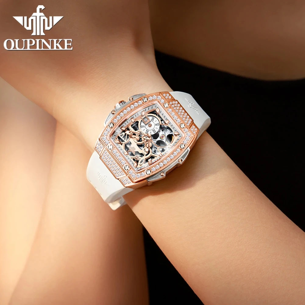 OUPINKE 3220 Diamond Woman Mechanical Watch Hollow Out Chronograph Automatic Watch for Women Luxury Elegant Ladies Wristwatch