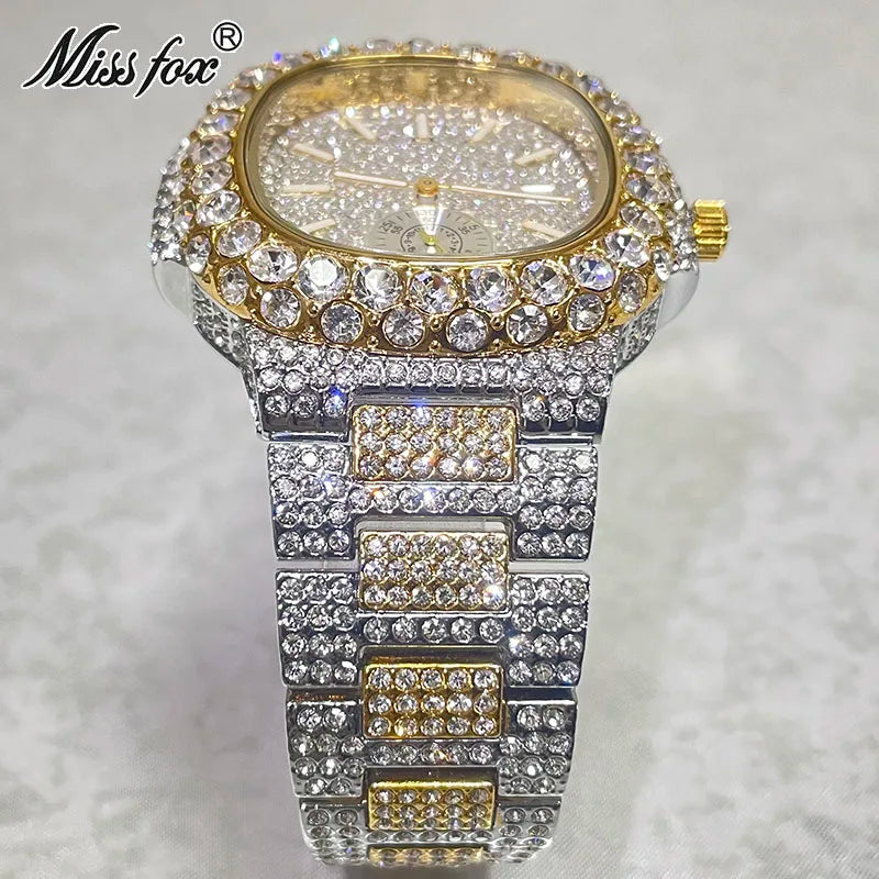 Hip Hop Brand MISSFOX Fashion Iced Out Watches Men Luxury Full Diamond 18K Gold Automatic Date Clock Steel Waterproof Watch Male