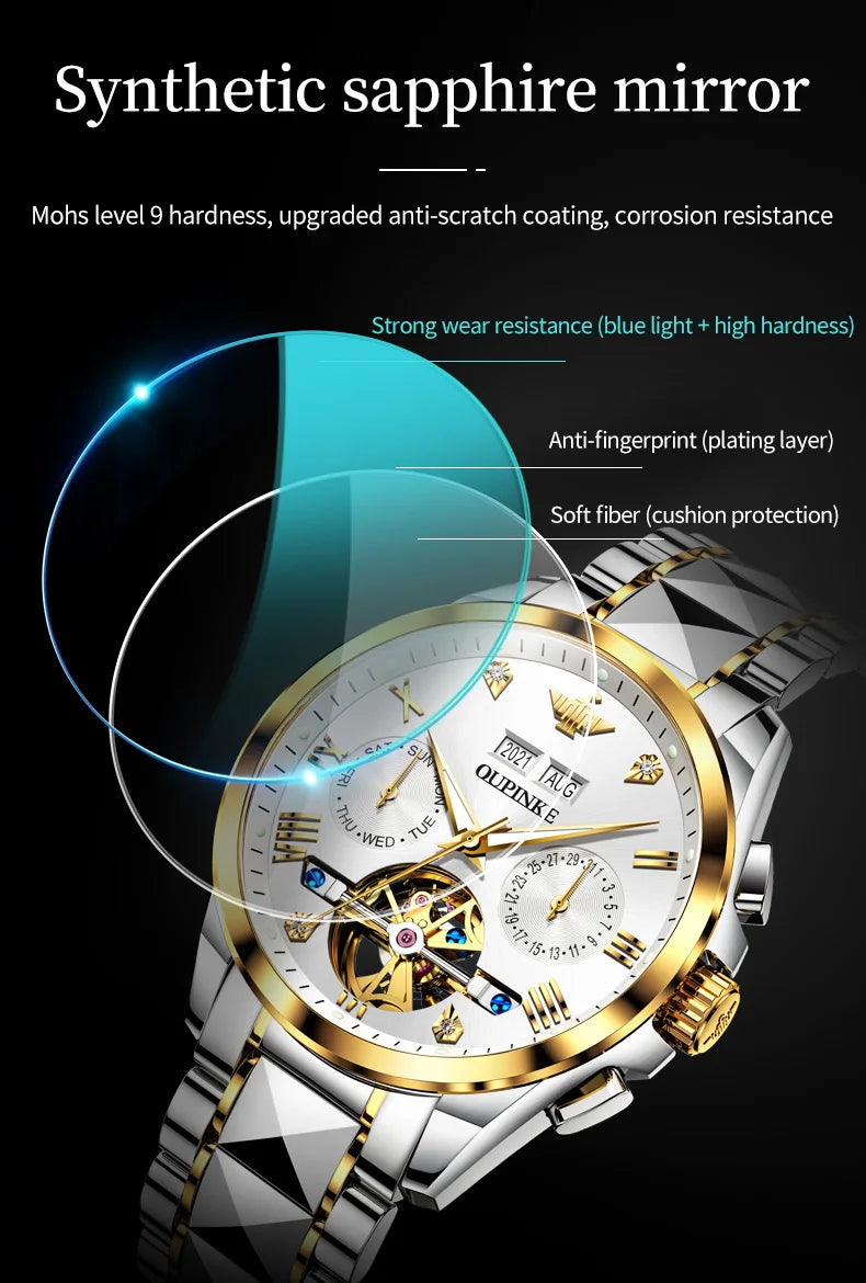 OUPINKE 3186 High Quality Luxury Skeleton Flywheel Automatic Watch for Men 5Bar Waterproof Dual Calendar Brand Men&