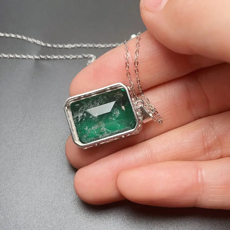 Gold Plated 925 Silver Rectangle Gemstone Pendant 15mm*20mm Emerald Color Man Made Crystal Pendant with 925 Silver Necklace