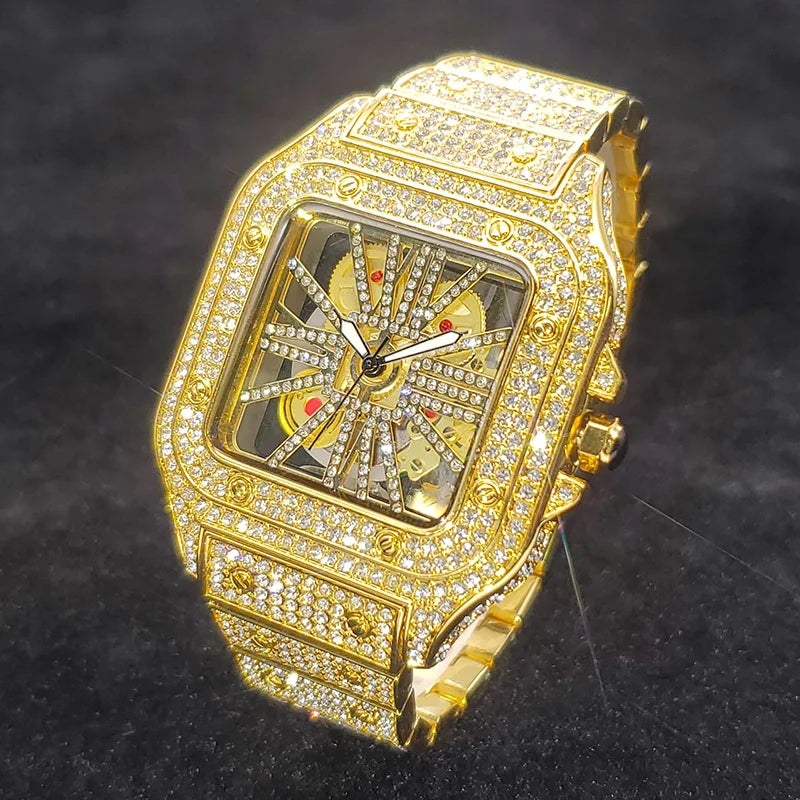 Square Full Diamond Watches For Men Luxury Fashion Ice Out Bling Skeleton Clock Hip Hop Shiny Silver Waterproof Watch Hot Sale